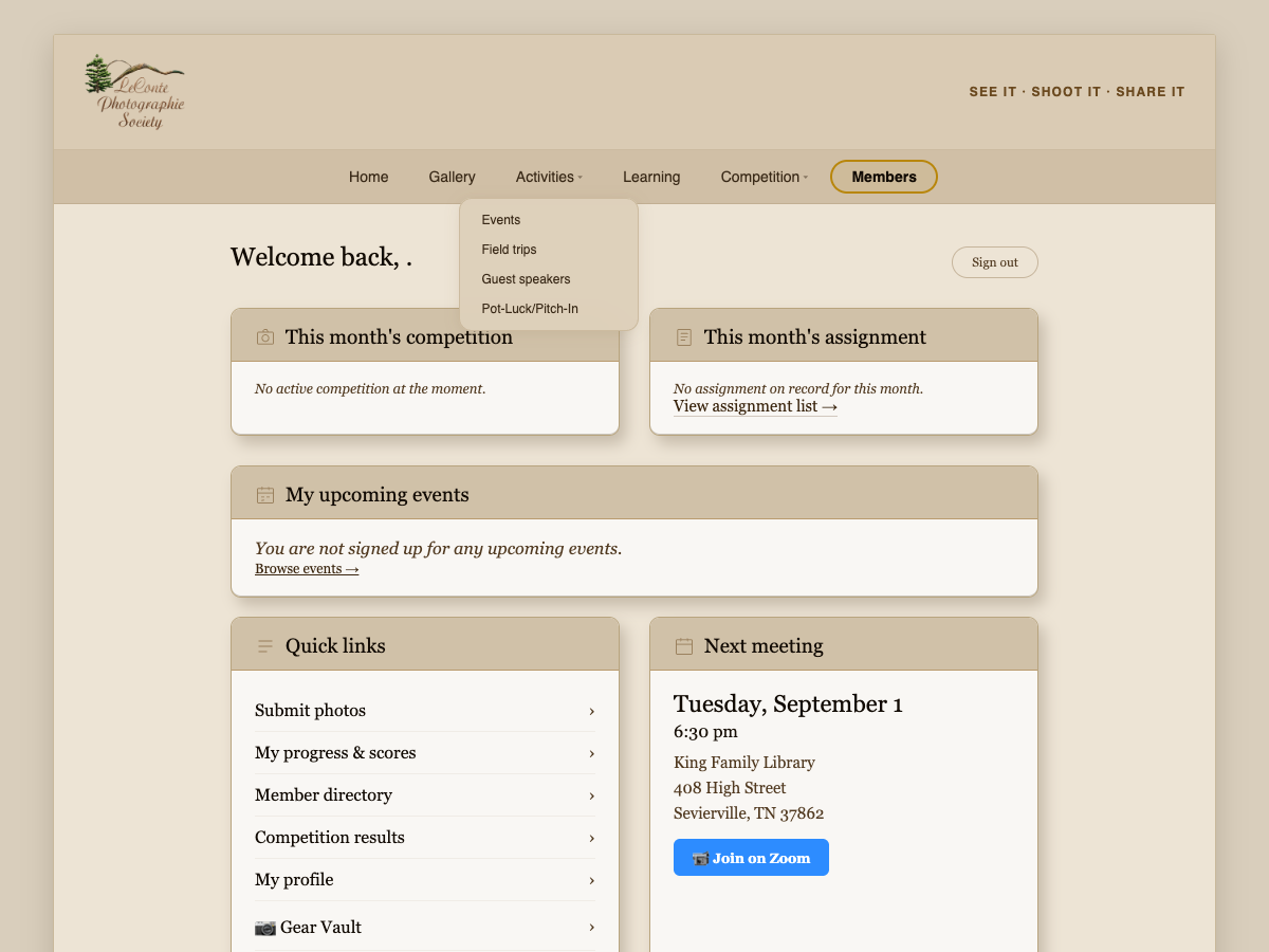 Activities menu open, showing the Pot-Luck/Pitch-In link