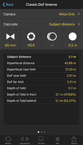 Inverse Depth of Field calculator calculating the subject distance needed for a desired depth of field