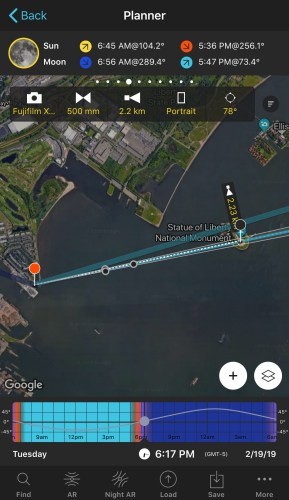Planner map with the Field of View tool active, showing the frame lines aimed at the Statue of Liberty