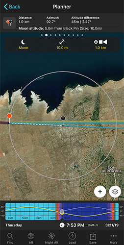 Planner map with the Sun/Moon tool active, showing a gray circle marking the shooting distance for a desired Moon size