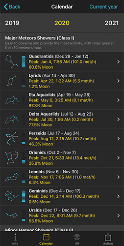 Meteor Showers Calendar screen listing Major Meteor Showers Class I with constellation icons, peak dates, and moon percentages