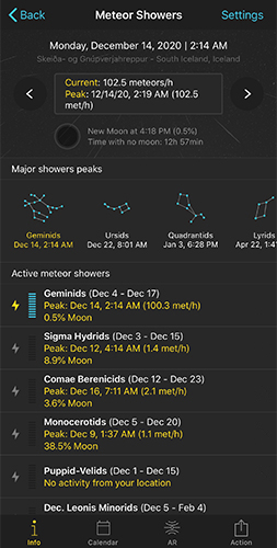 Meteor Showers Info screen showing current meteors per hour, major shower peaks as constellations, and a list of active meteor showers with moon percentage