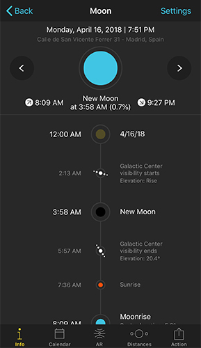 Moon pill Info screen showing a timeline including Galactic Center visibility, New Moon, sunrise, and moonrise