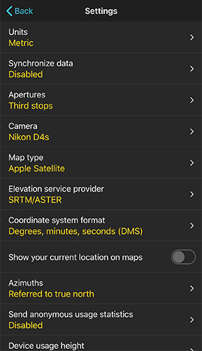 Settings screen listing Units, Synchronize data, Apertures, Camera, Map type, Elevation service provider, Coordinate system format, current location toggle, and Azimuths