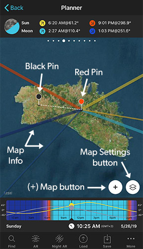 The Planner map labeled with the Red Pin, Black Pin, Map Info, Map Settings button, and (+) Map button