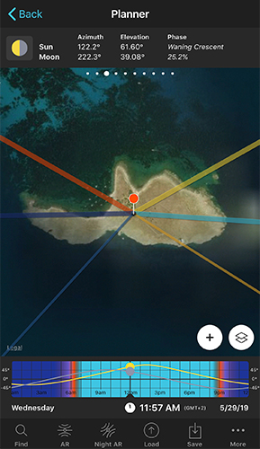 Planner top panel showing Sun and Moon azimuth and elevation, with colored lines on the map