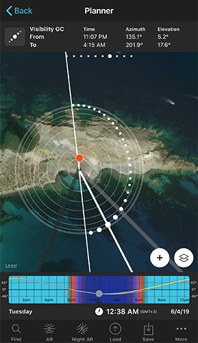 Planner top panel showing Galactic Center visibility from and to times, with a dotted arc drawn on the map