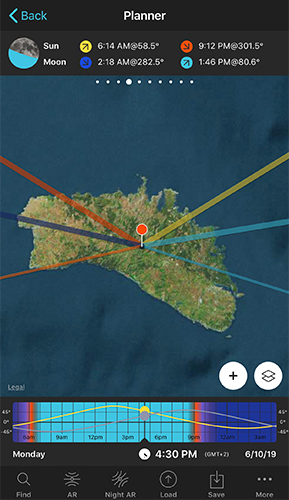 The Time Bar below the map, showing a 24-hour range with sunrise, sunset, and twilight colors