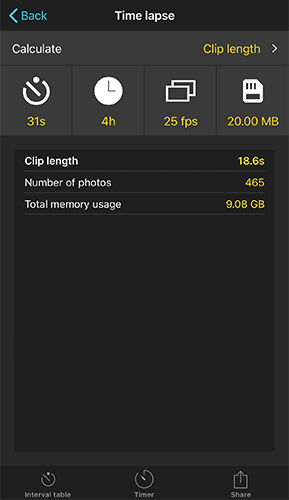 Time lapse calculator solving for clip length: 31s interval, 4h event duration, 25fps, 20MB per photo, resulting in 18.6s clip, 465 photos, 9.08GB total