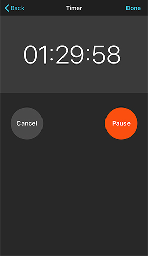 Timer screen showing a running countdown of 01:29:58 with Cancel and Pause buttons
